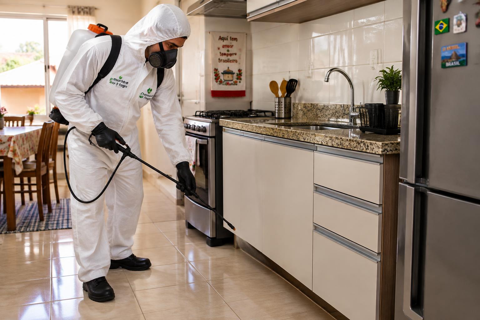 Técnico da Sanitizatudo aplicando dedetização em uma cozinha