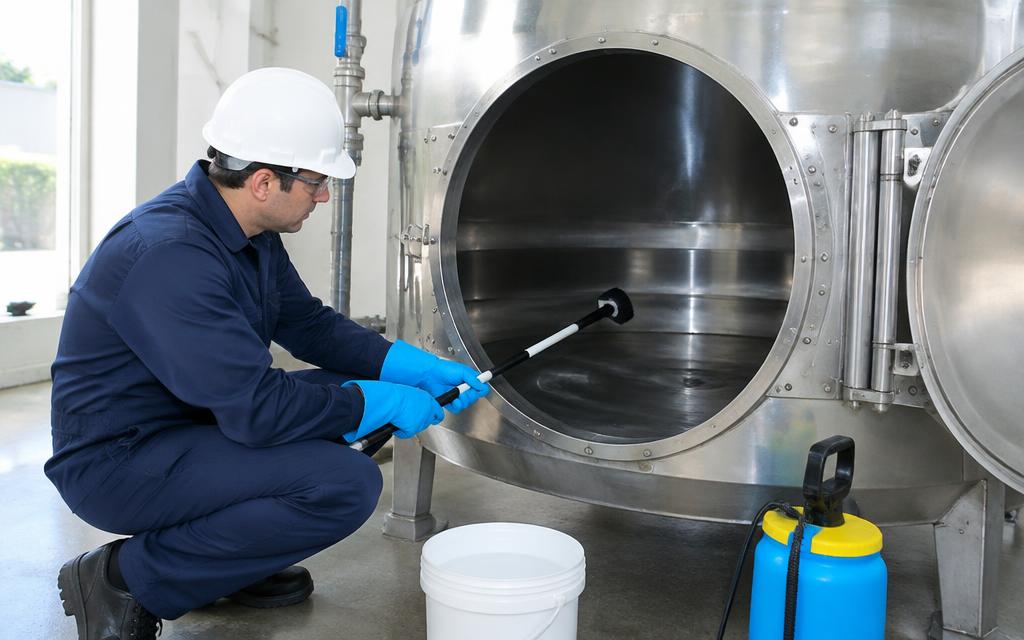 Técnico higienizando reservatório de água de uma empresa
