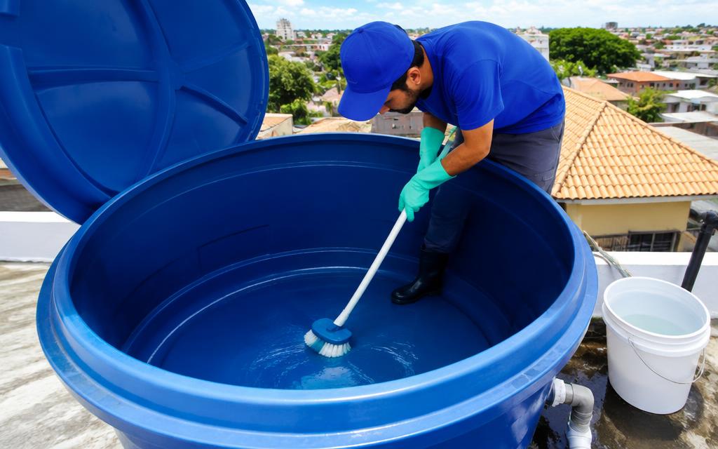 Profissional limpando uma caixa d'água residencial