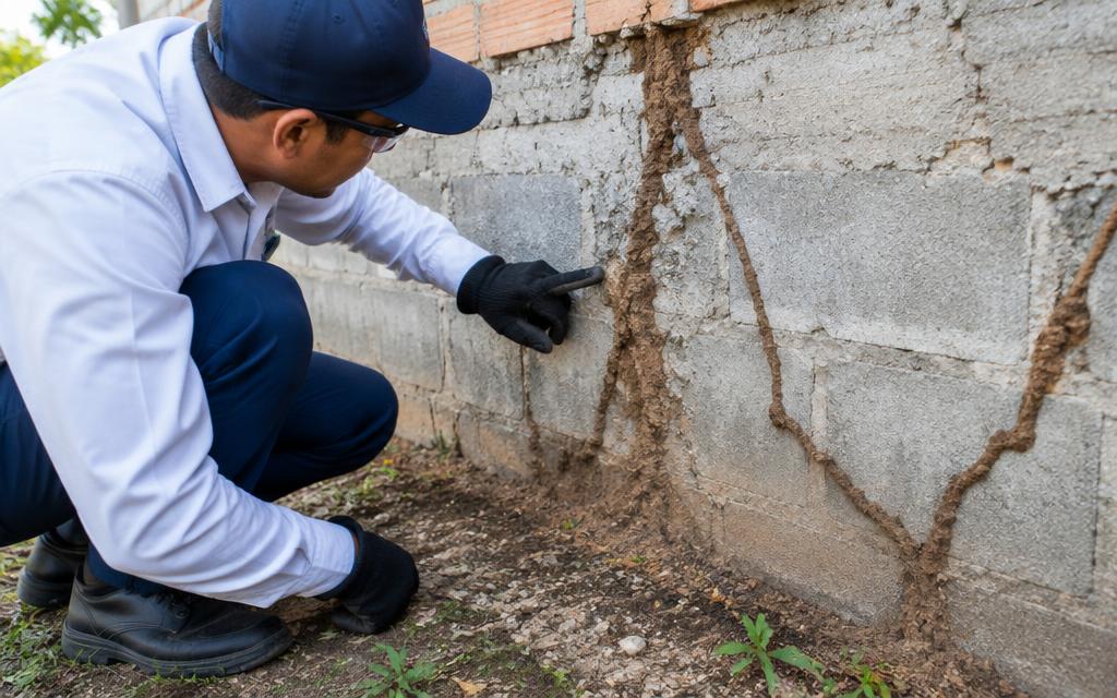 Técnico inspecionando trilhas de cupim de solo em uma parede